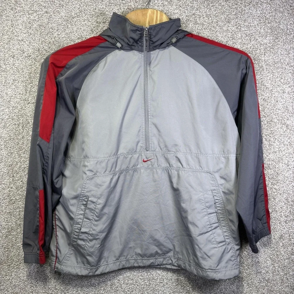 Nike Windbreaker Jacket Mens Large Gray Red 1/2 Zip Hooded Athletic Running